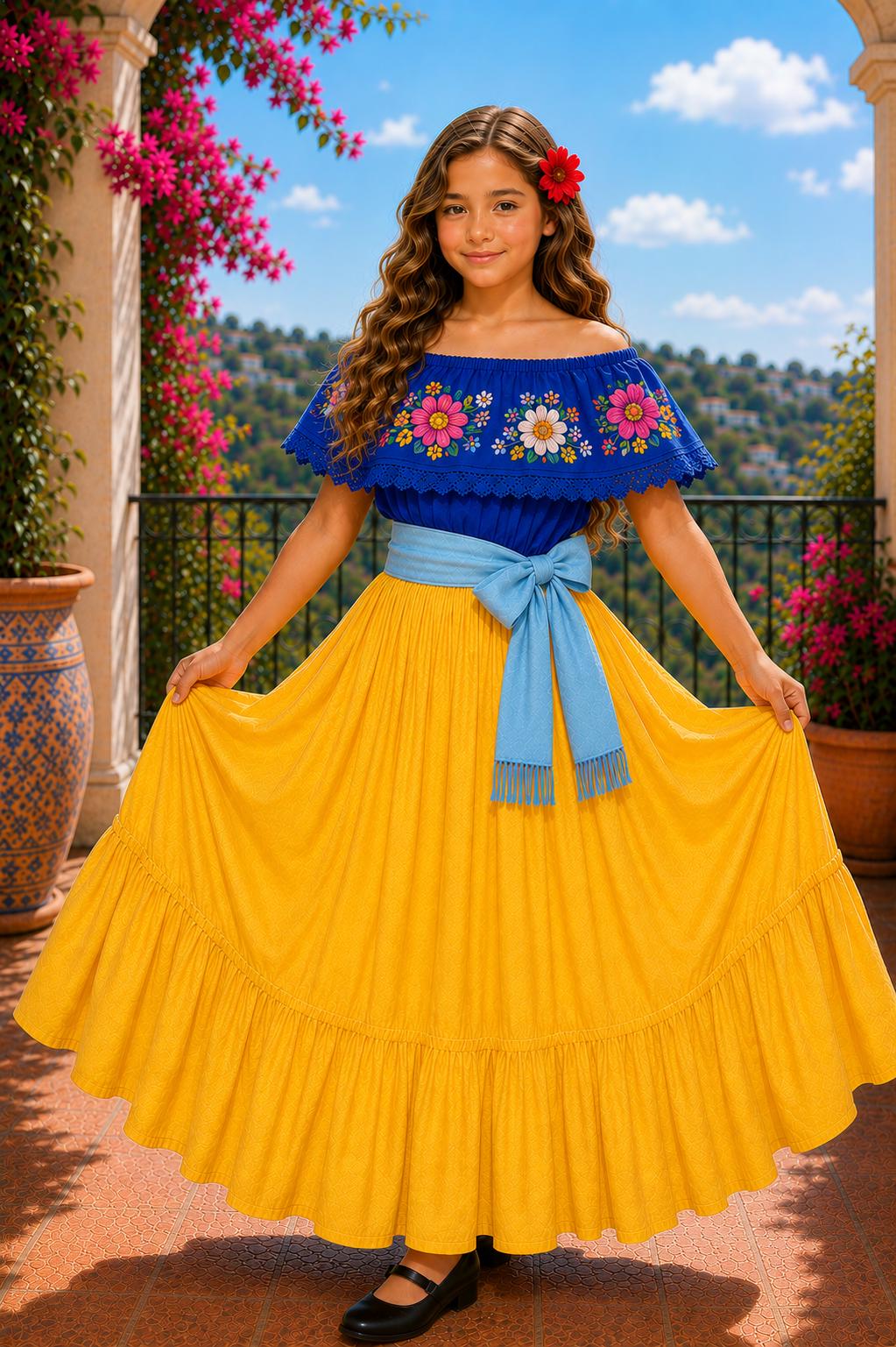 Image of 3 Piece Girls Dance Outfit, Folkloric skirt, Embroidered Ruffle Blouse & matching Belt
