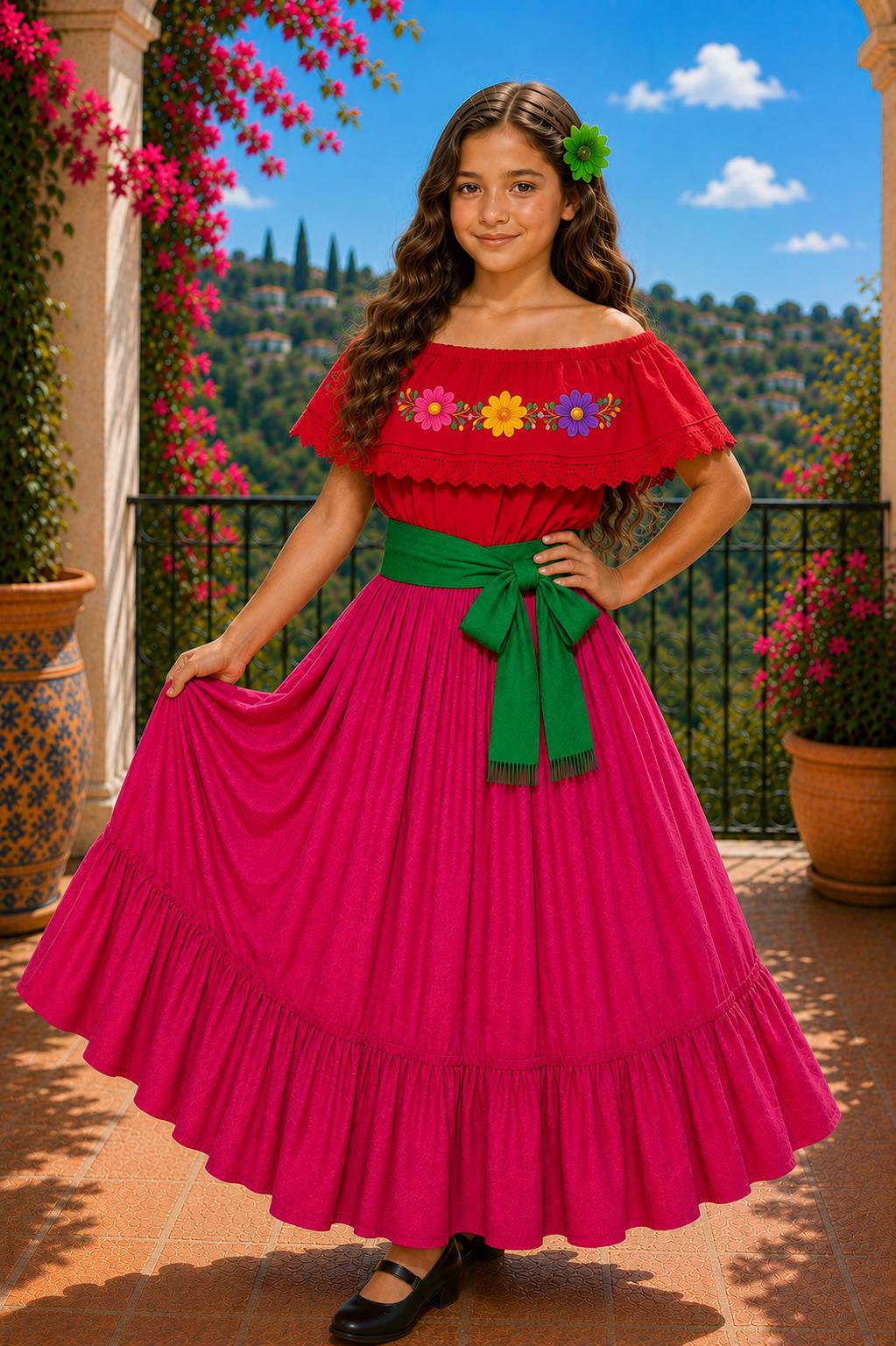 Image of Girls Mexican Embroidered Blouse and Skirt Set – Traditional Dance Clothing
