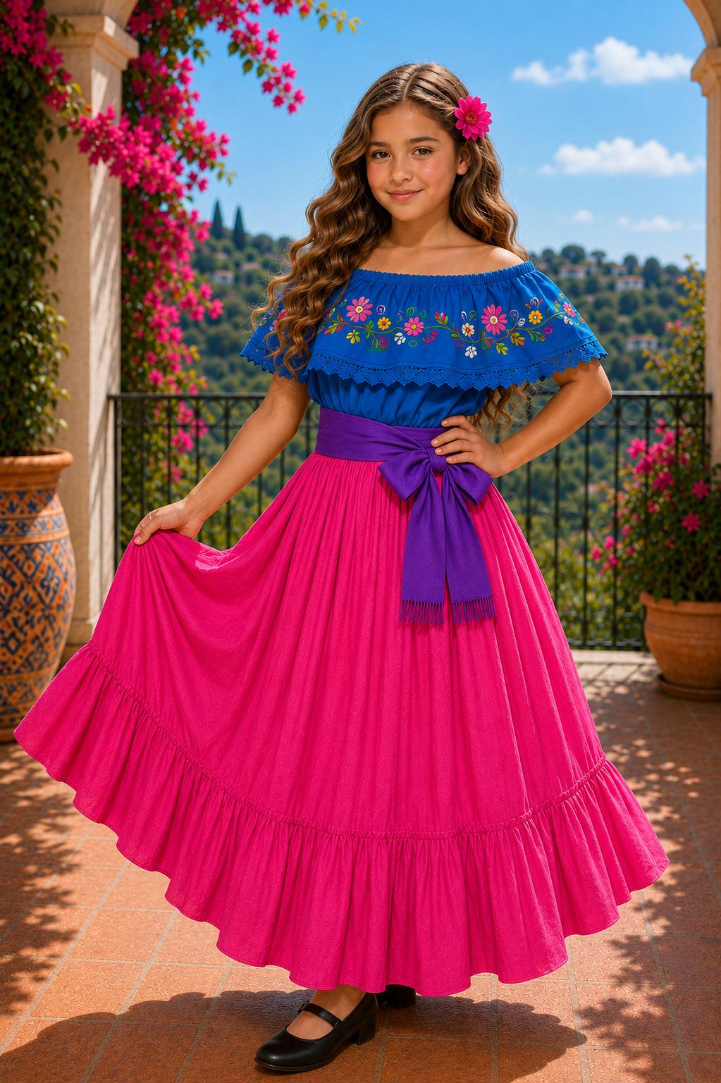 Image of Girls Mexican Embroidered Blouse and Skirt Set – Traditional Dance Clothing