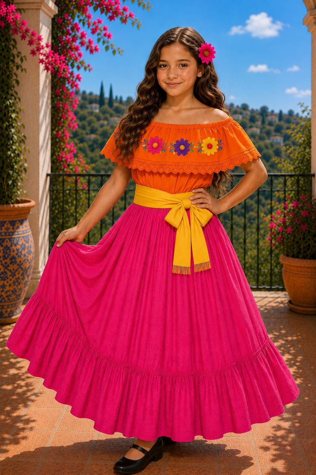 Image of Girls Mexican Embroidered Blouse and Skirt Set – Traditional Dance Clothing