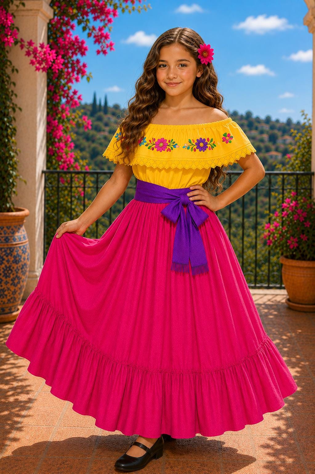 Image of Girls Mexican Embroidered Blouse and Skirt Set – Traditional Dance Clothing