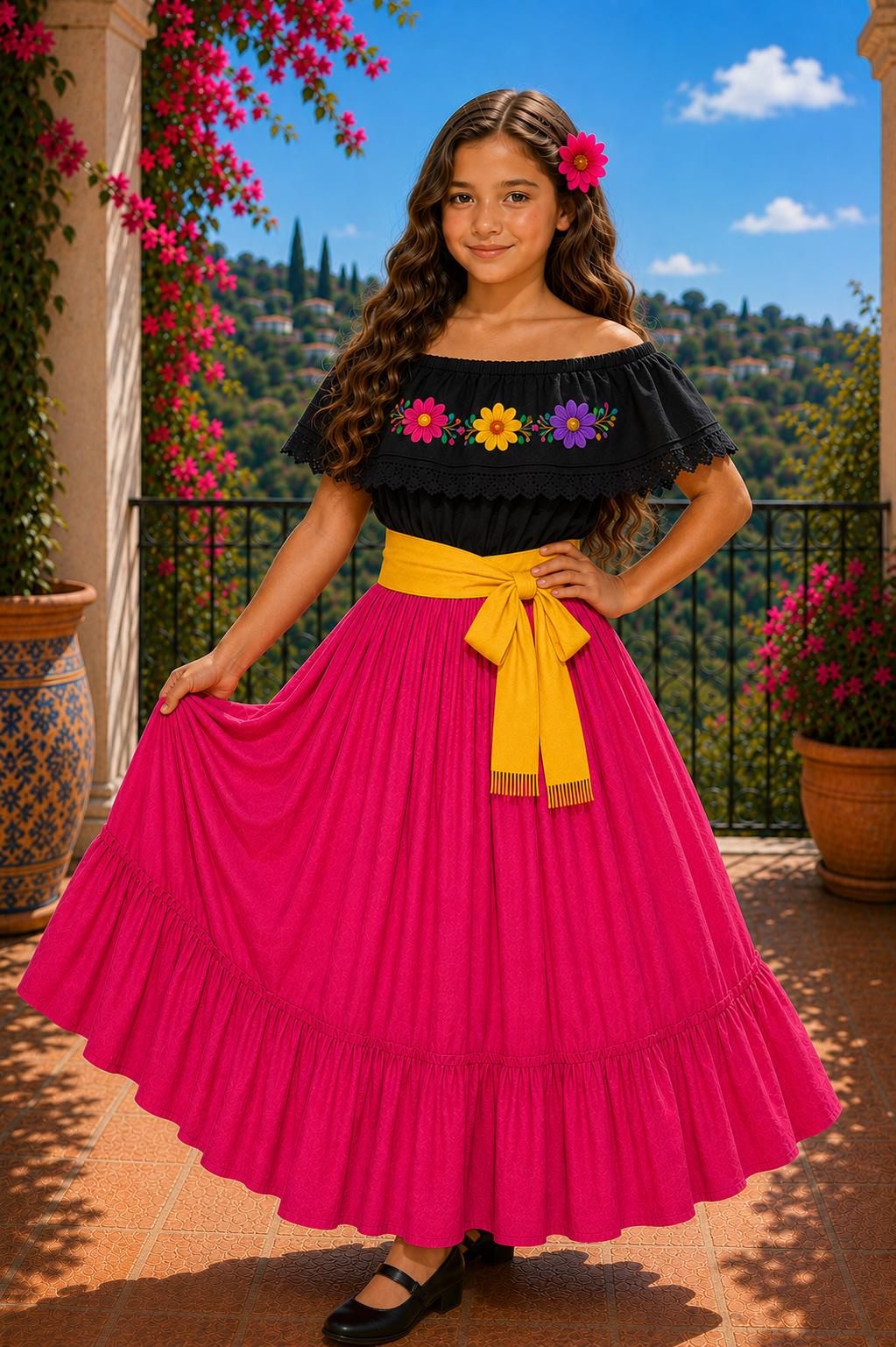 Image of Girls Mexican Embroidered Blouse and Skirt Set – Traditional Dance Clothing
