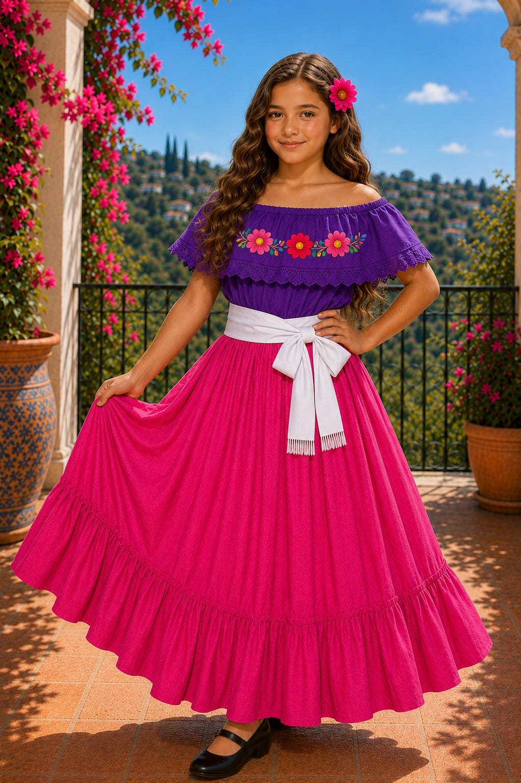 Image of Girls Mexican Embroidered Blouse and Skirt Set – Traditional Dance Clothing