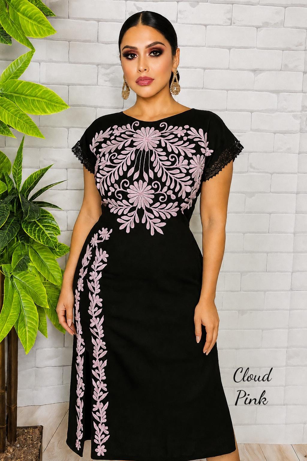 Image of Black Embroidered Maya Dress – Artisanal Mexican Floral Design, Elegant Style