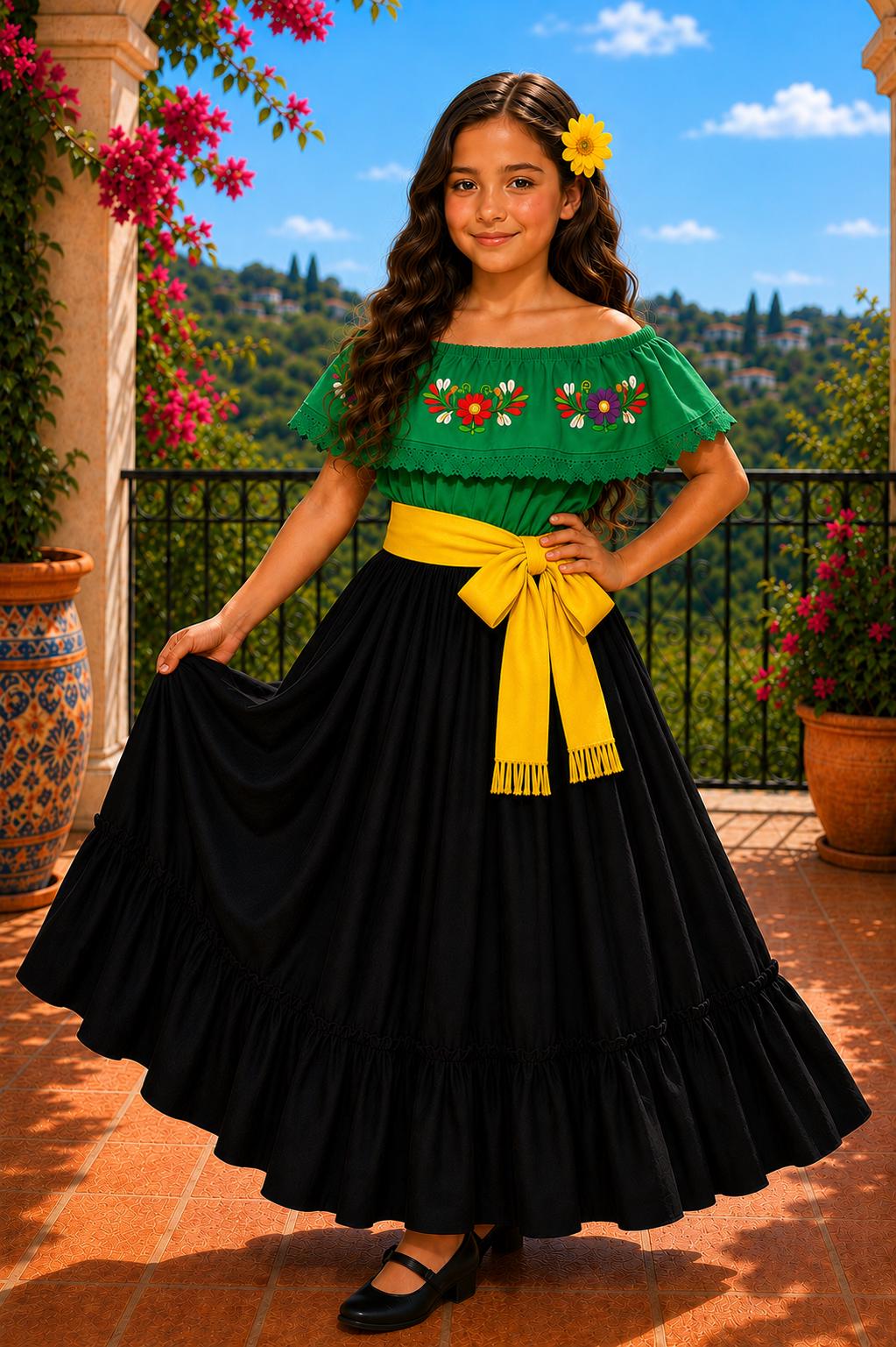Image of 3 Piece Girls Dance Outfit, Folkloric skirt, Embroidered Ruffle Blouse & matching Belt