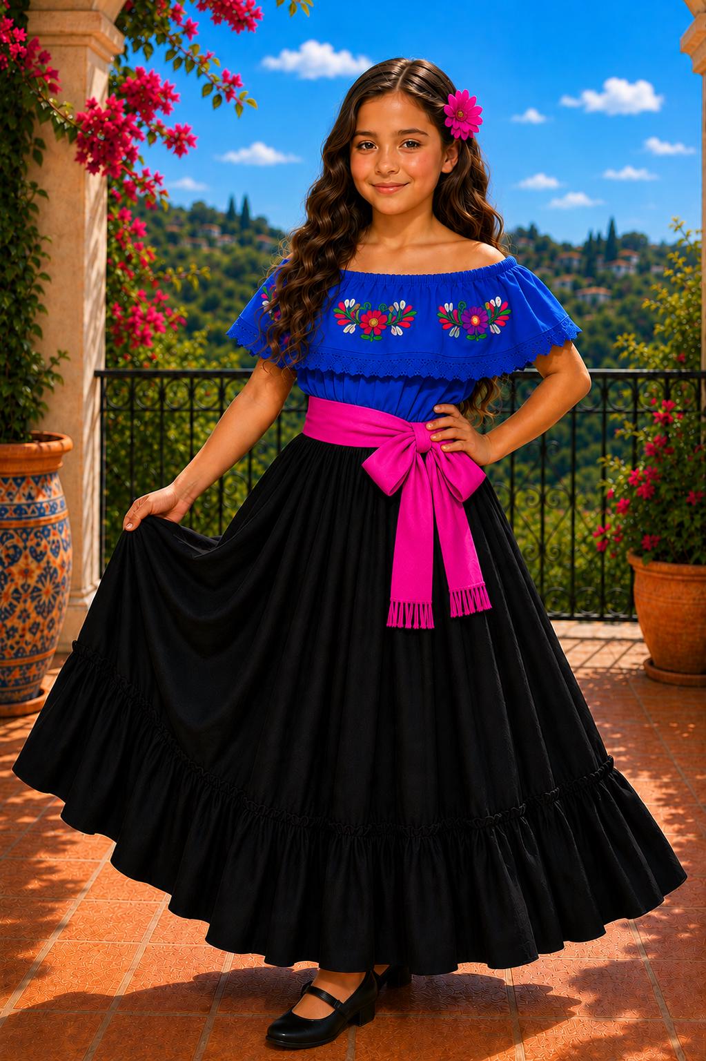 Image of 3 Piece Girls Dance Outfit, Folkloric skirt, Embroidered Ruffle Blouse & matching Belt