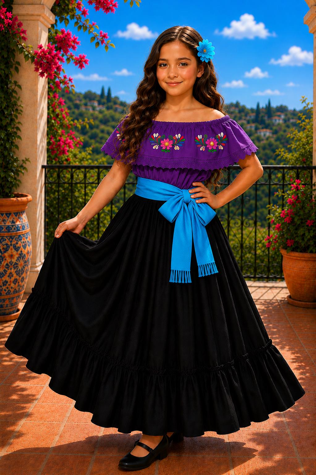 Image of 3 Piece Girls Dance Outfit, Folkloric skirt, Embroidered Ruffle Blouse & matching Belt
