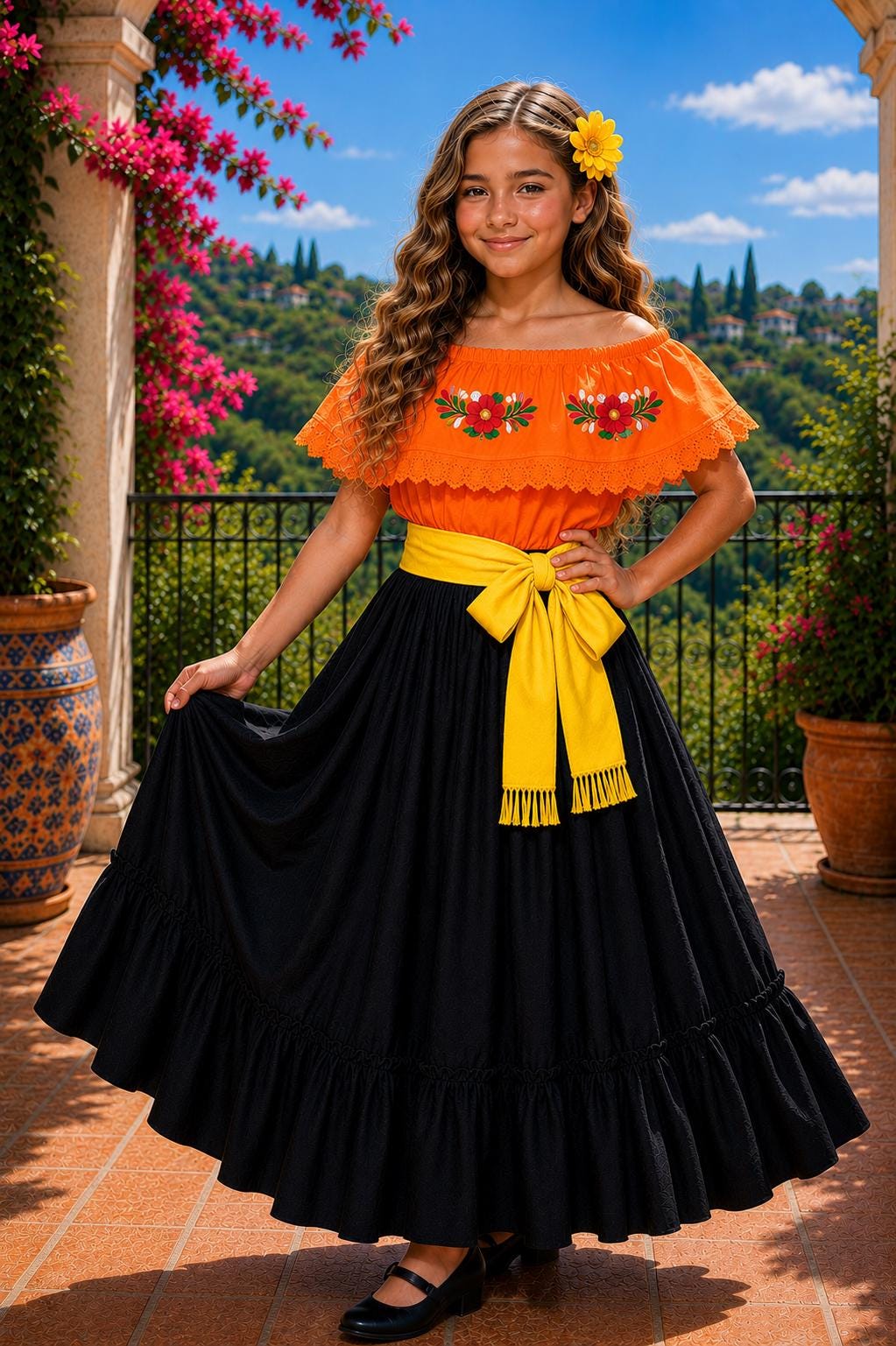 Image of 3 Piece Girls Dance Outfit, Folkloric skirt, Embroidered Ruffle Blouse & matching Belt