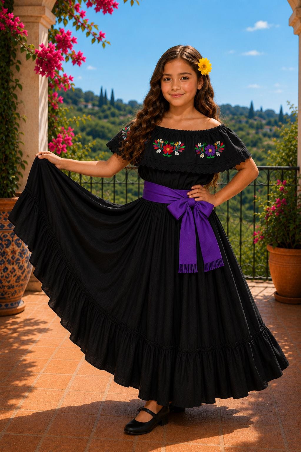 Image of 3 Piece Girls Dance Outfit, Folkloric skirt, Embroidered Ruffle Blouse & matching Belt