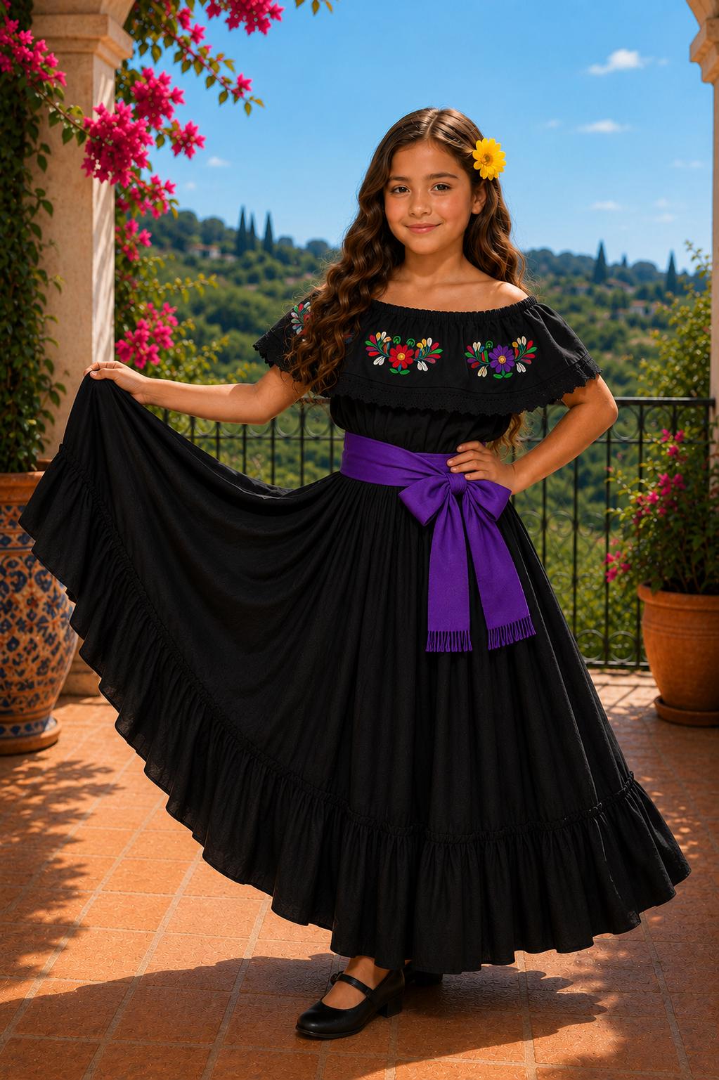 Image of 3 Piece Girls Dance Outfit, Folkloric skirt, Embroidered Ruffle Blouse & matching Belt