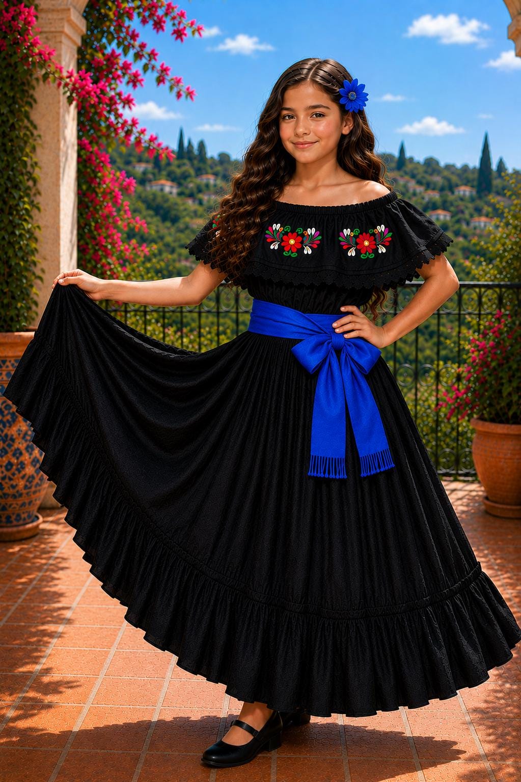 Image of 3 Piece Girls Dance Outfit, Folkloric skirt, Embroidered Ruffle Blouse & matching Belt