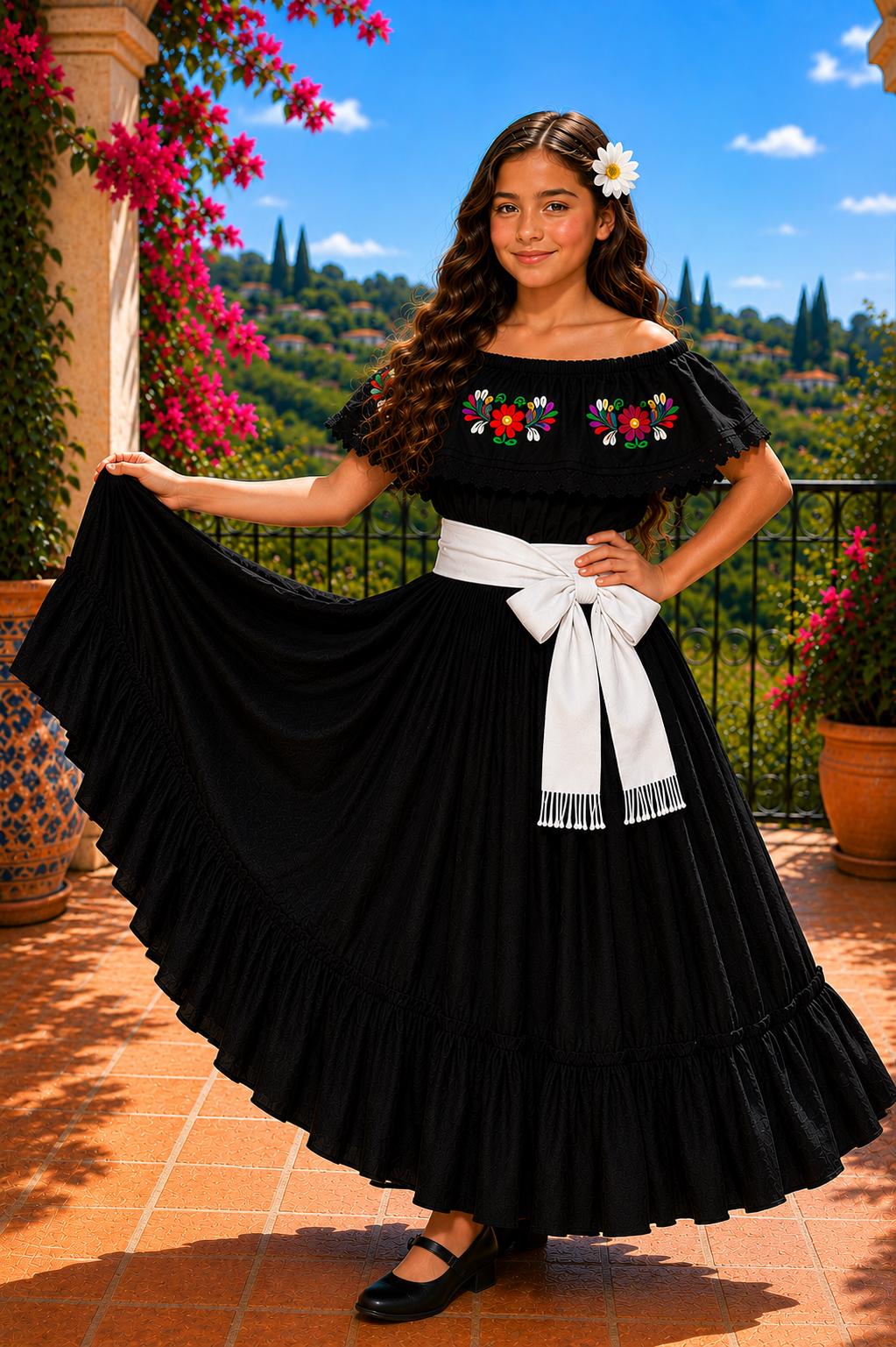 Image of 3 Piece Girls Dance Outfit, Folkloric skirt, Embroidered Ruffle Blouse & matching Belt