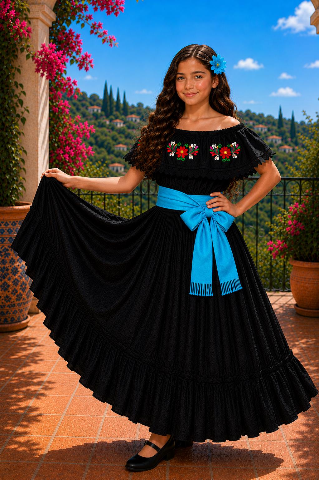Image of 3 Piece Girls Dance Outfit, Folkloric skirt, Embroidered Ruffle Blouse & matching Belt
