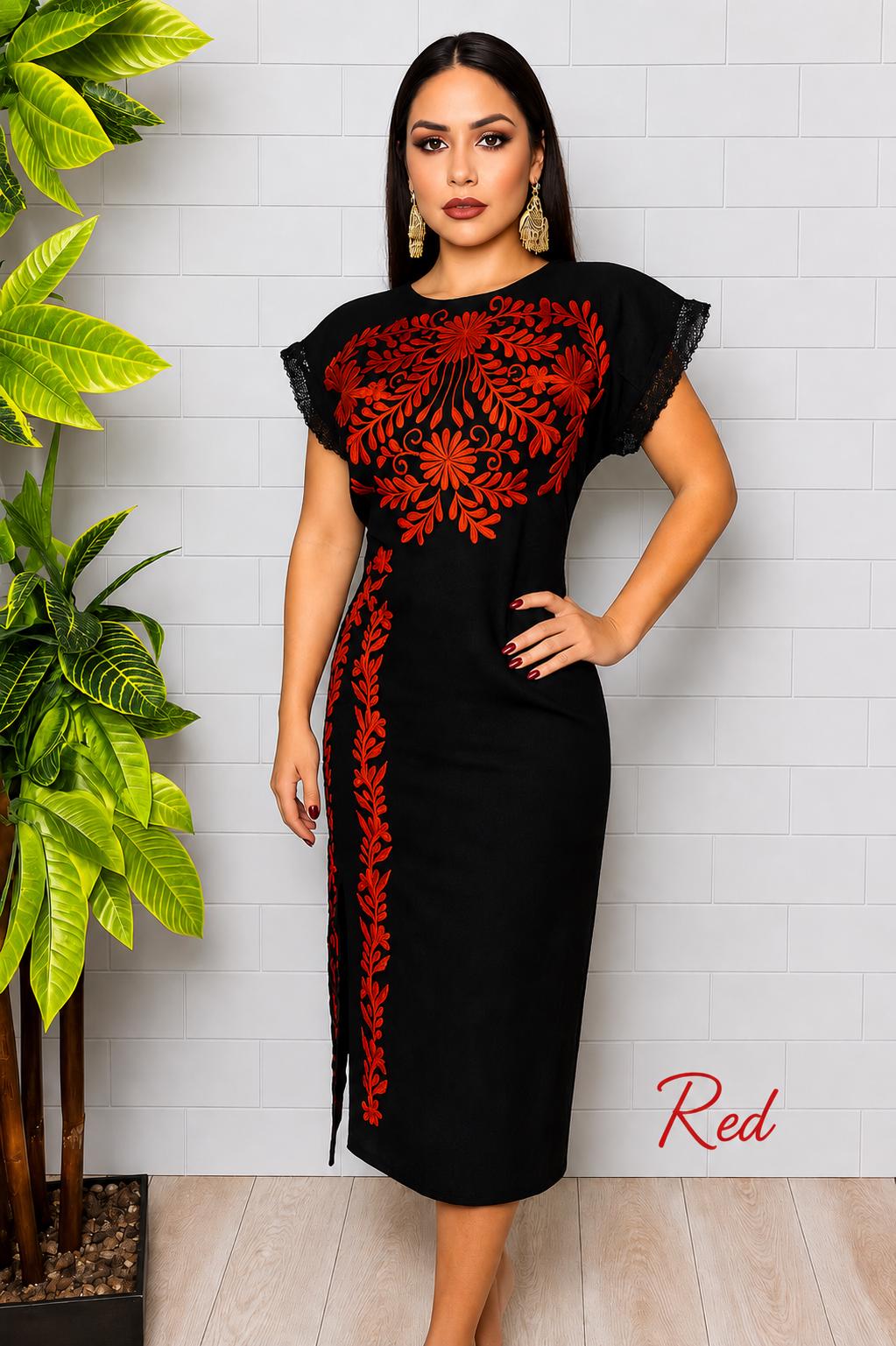 Image of Black Embroidered Maya Dress – Artisanal Mexican Floral Design, Elegant Style