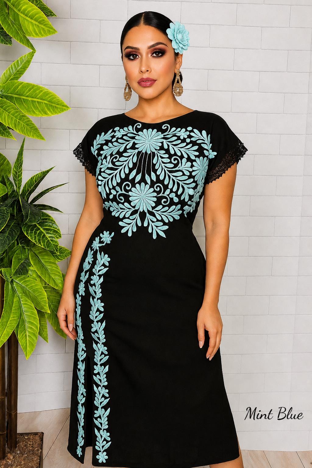 Image of Black Embroidered Maya Dress – Artisanal Mexican Floral Design, Elegant Style