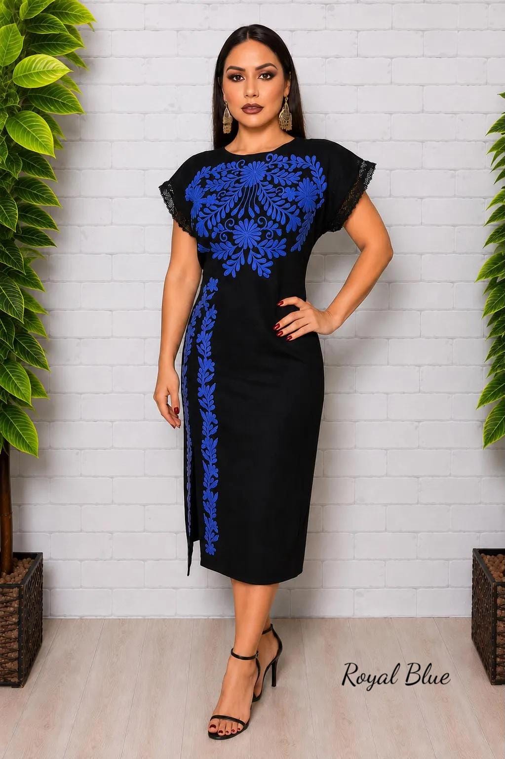 Image of Black Embroidered Maya Dress – Artisanal Mexican Floral Design, Elegant Style