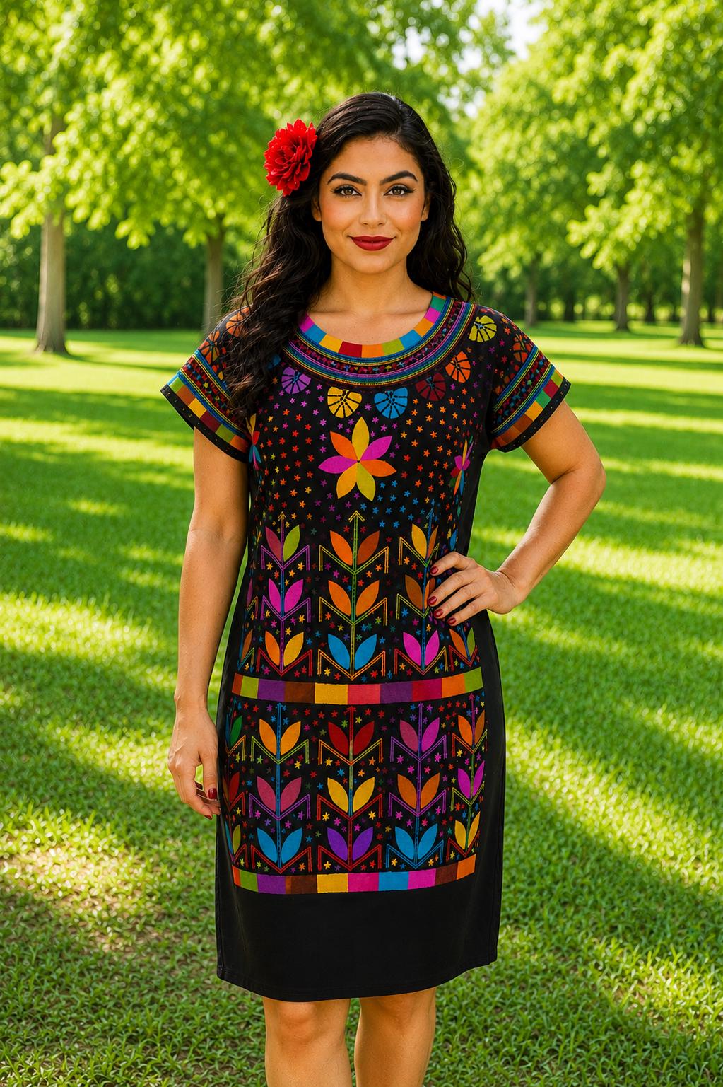 Image of Gorgeous Floral Hand Embroidered Dress - Mexican Embroidered Dress - SHORT SLEEVE - Floral Designs - M/L