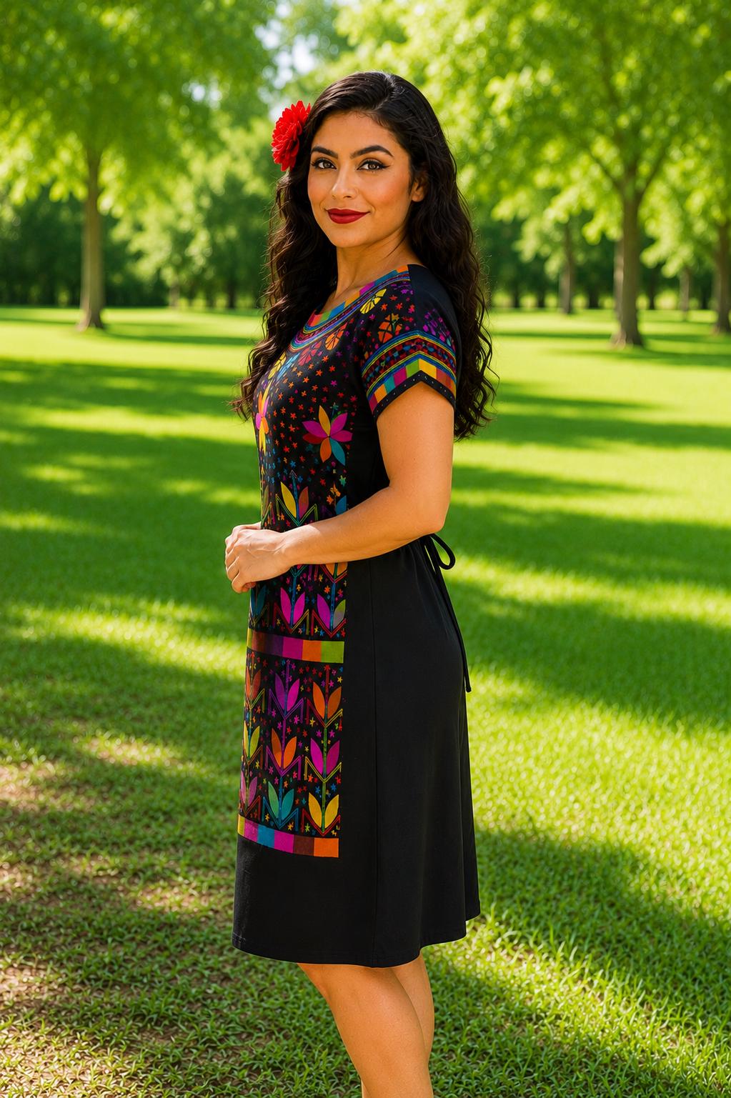 Image of Gorgeous Floral Hand Embroidered Dress - Mexican Embroidered Dress - SHORT SLEEVE - Floral Designs - M/L