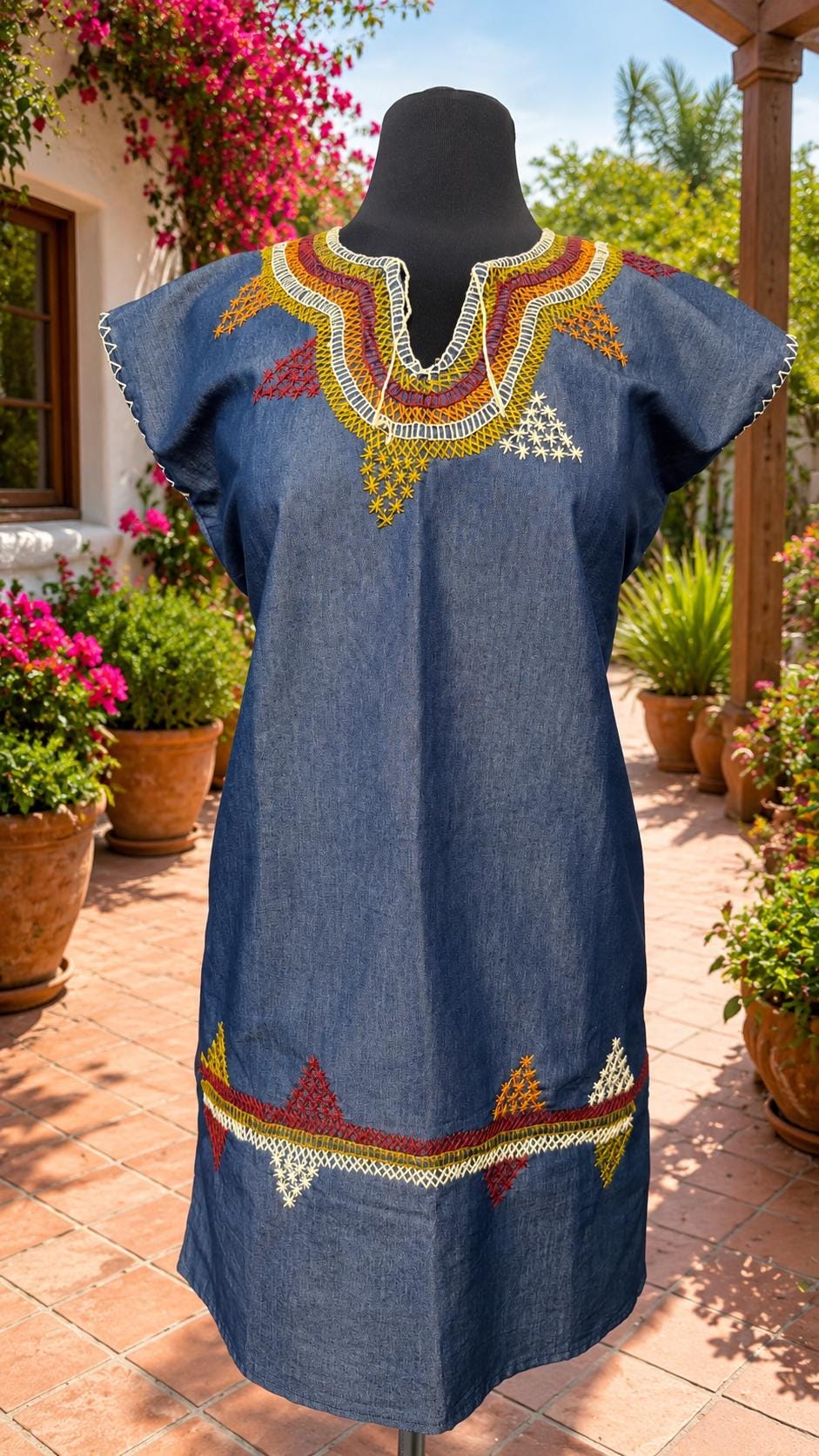 Image of Hand Embroidered Denim Dress - Mexican Floral Artisan Dress