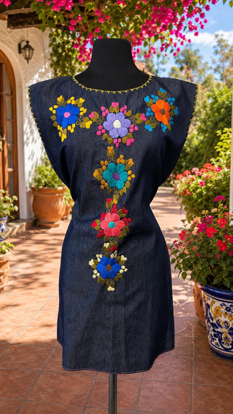 Image of Mexican Embroidered Denim Huipil Dress – Handmade in Chiapas, Mexico | Artisan Floral Embroidery | Boho Folk Dress