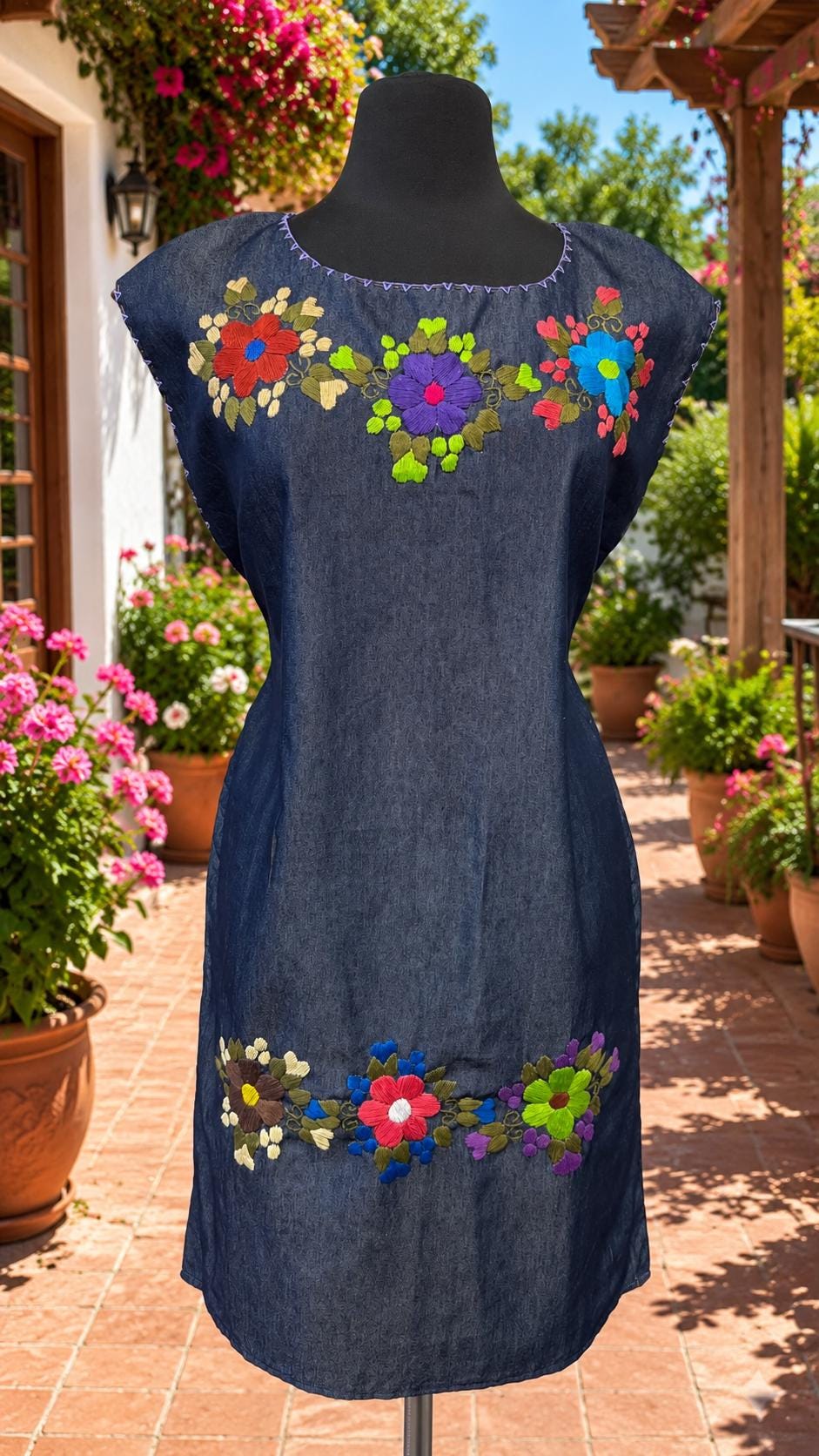 Image of Hand Embroidered Artisan Mexican Denim Blue Huipil Dress | Colorful Floral Embroidery | Handmade Mexican Dress | Boho Folk Art Clothing
