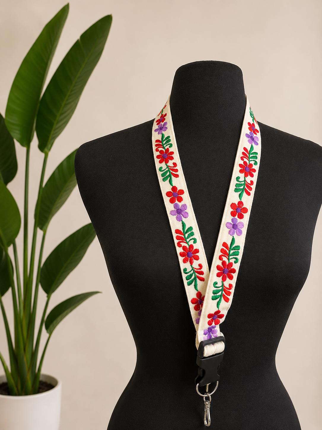 Image of Two-Tone Floral Embroidered Lanyard – Handmade Keychain & ID Holder