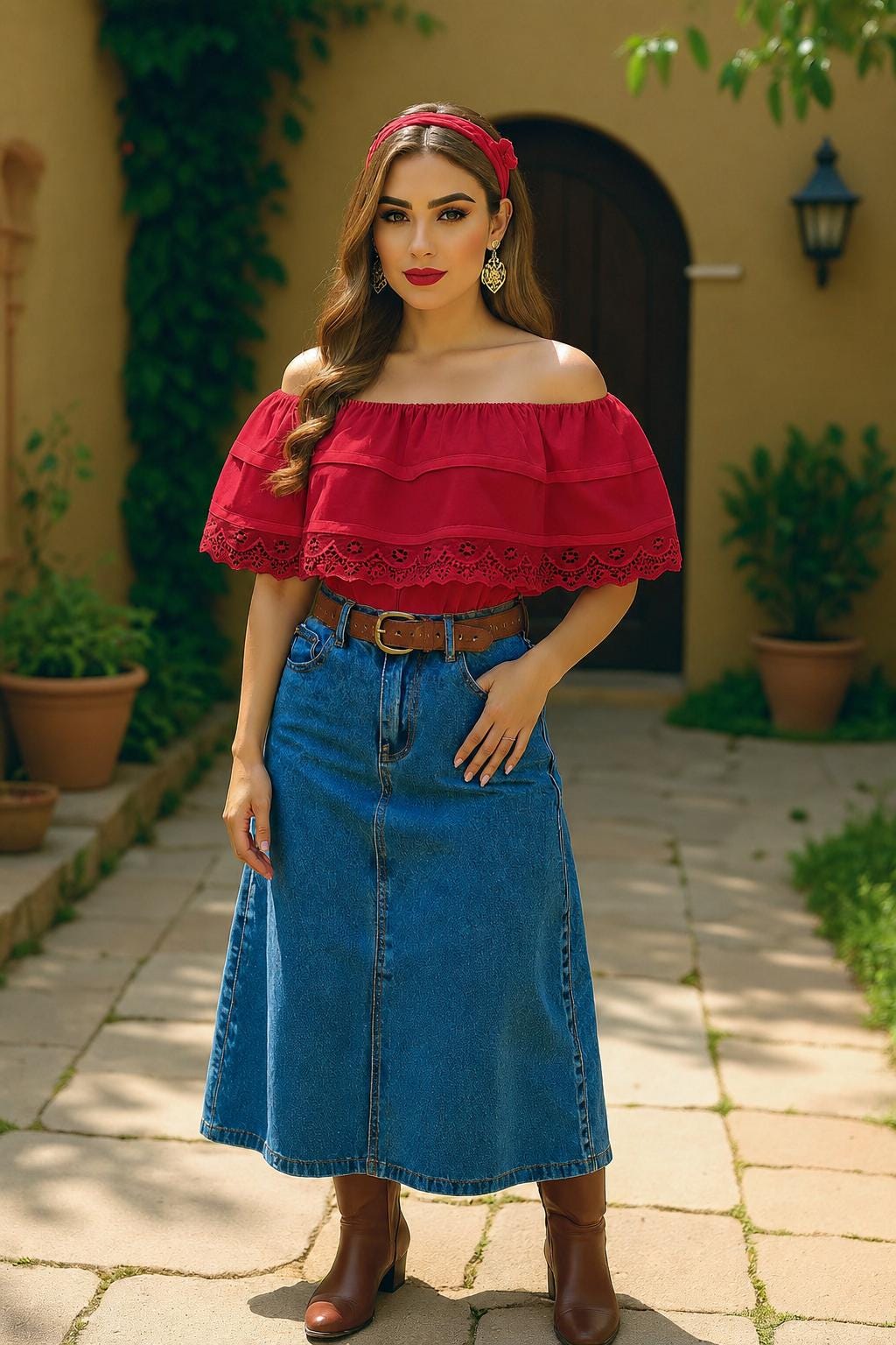 Image of Red Ruffled Peasant Blouse - Satin Ribbon and Lace Top - Beautiful Fiesta Blouse