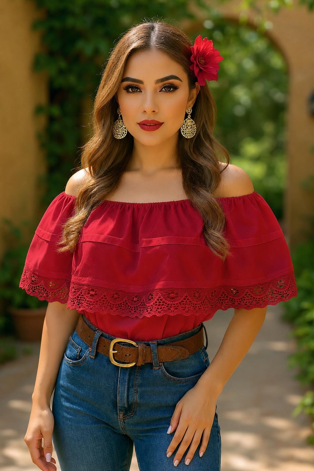 Image of Red Ruffled Peasant Blouse - Satin Ribbon and Lace Top - Beautiful Fiesta Blouse