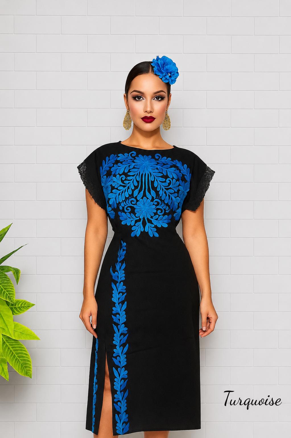 Image of Black Embroidered Maya Dress – Artisanal Mexican Floral Design, Elegant Style