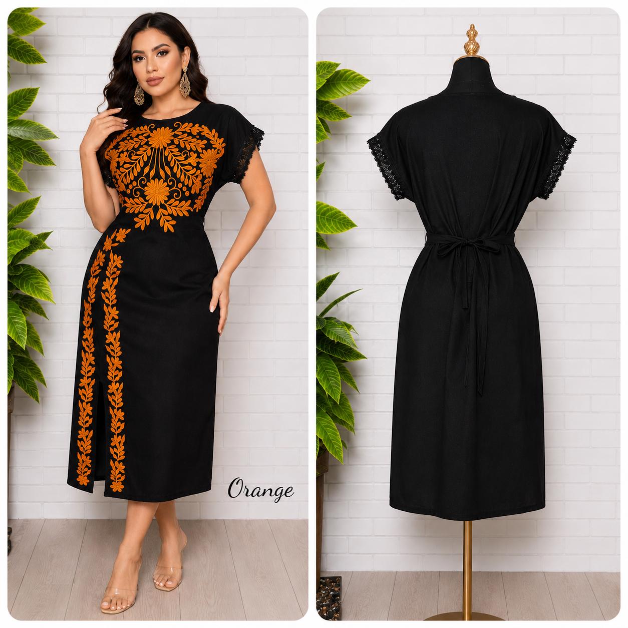 Image of Black Embroidered Maya Dress – Artisanal Mexican Floral Design, Elegant Style