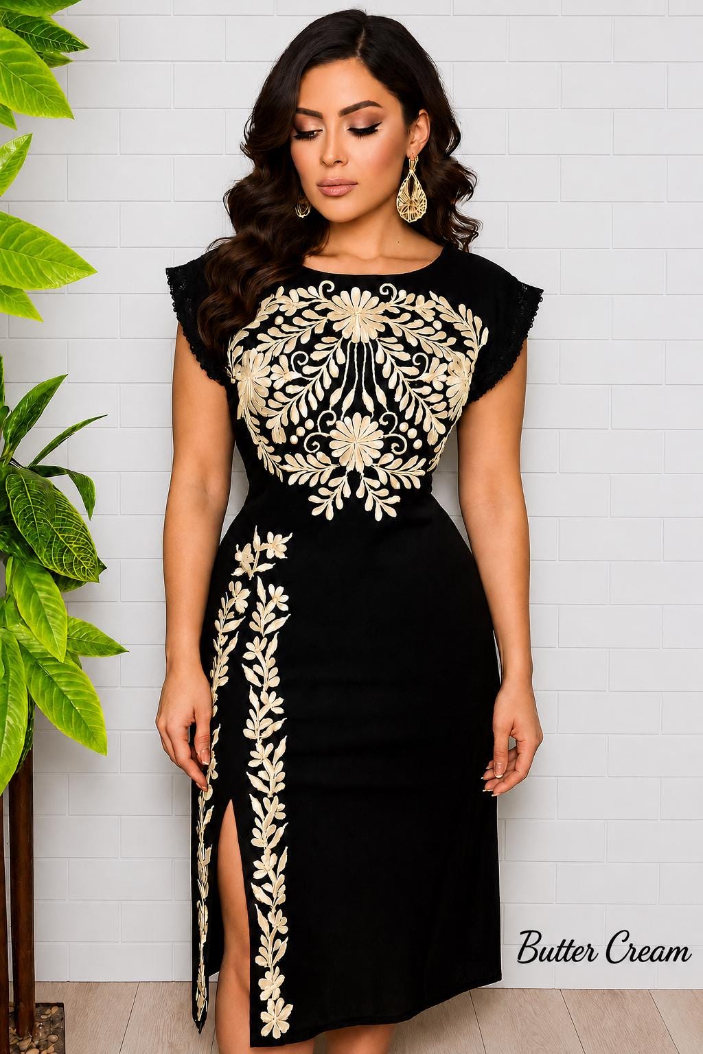 Image of Black Embroidered Maya Dress – Artisanal Mexican Floral Design, Elegant Style