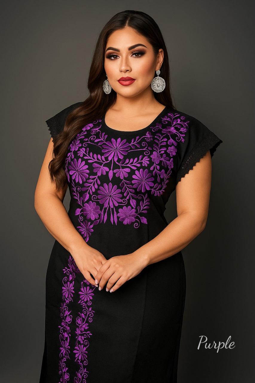 Image of Black Embroidered Maya Dress – Artisanal Mexican Floral Design, Elegant Style
