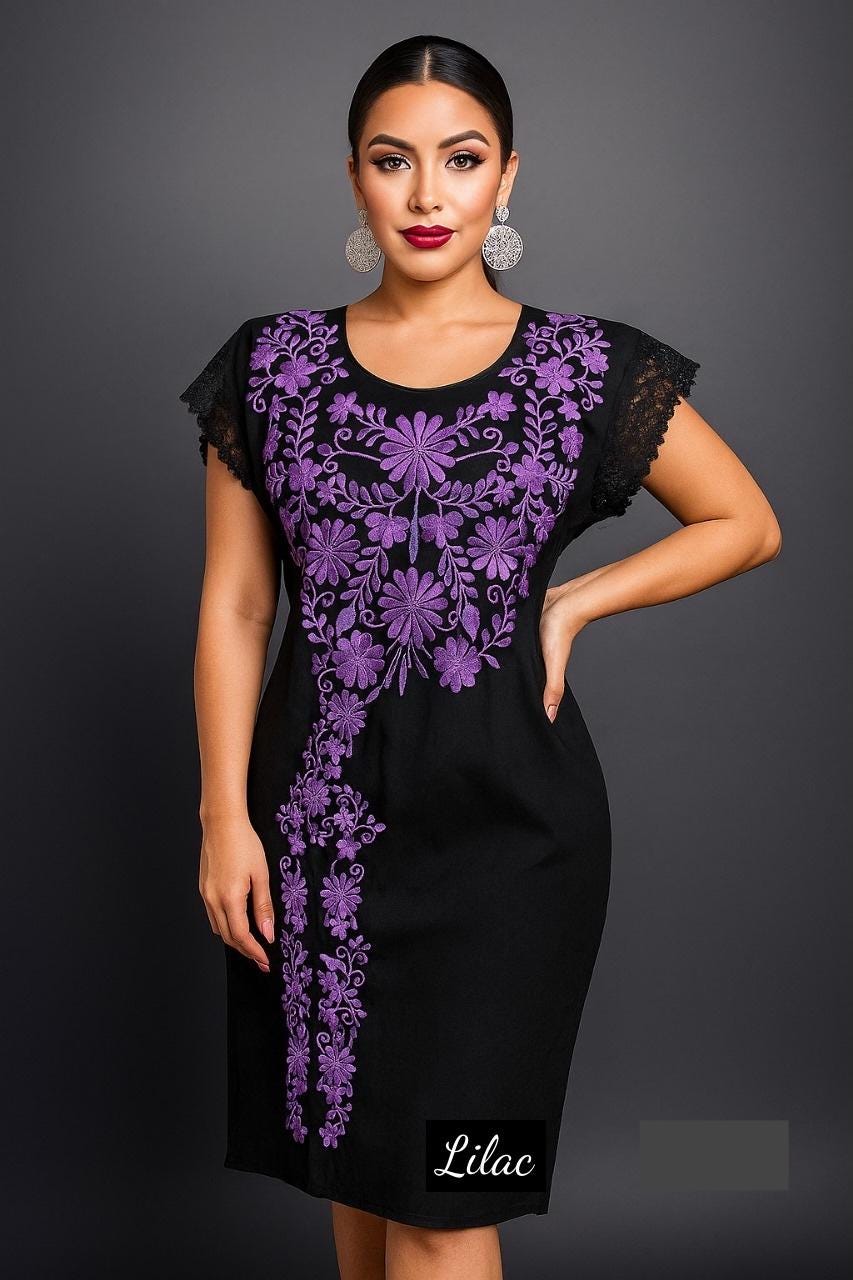 Image of Black Embroidered Maya Dress – Artisanal Mexican Floral Design, Elegant Style