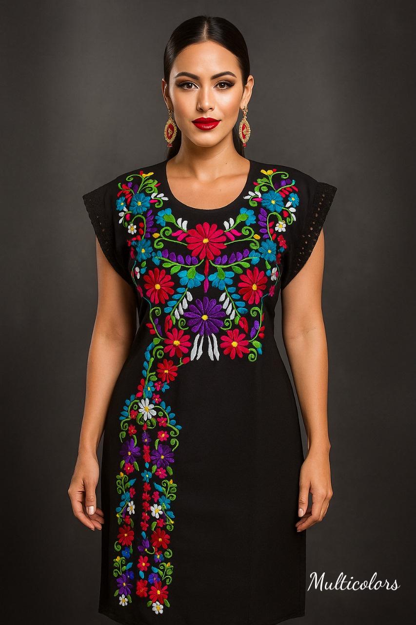 Image of Black Embroidered Maya Dress – Artisanal Mexican Floral Design, Elegant Style