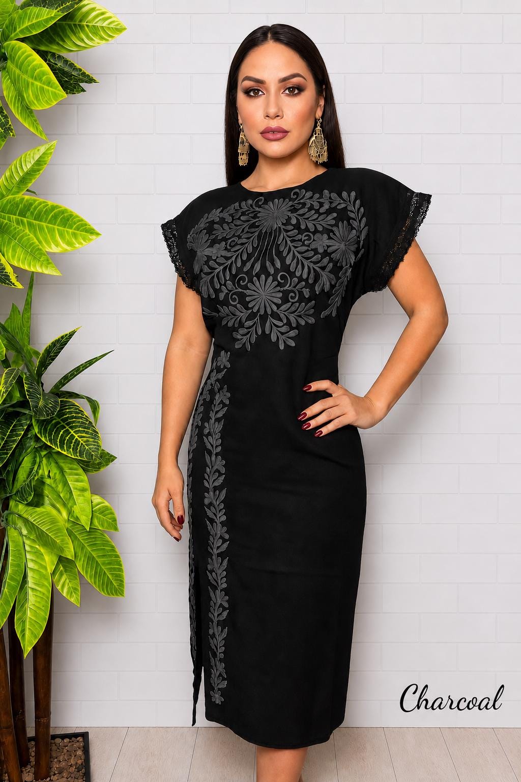 Image of Black Embroidered Maya Dress – Artisanal Mexican Floral Design, Elegant Style