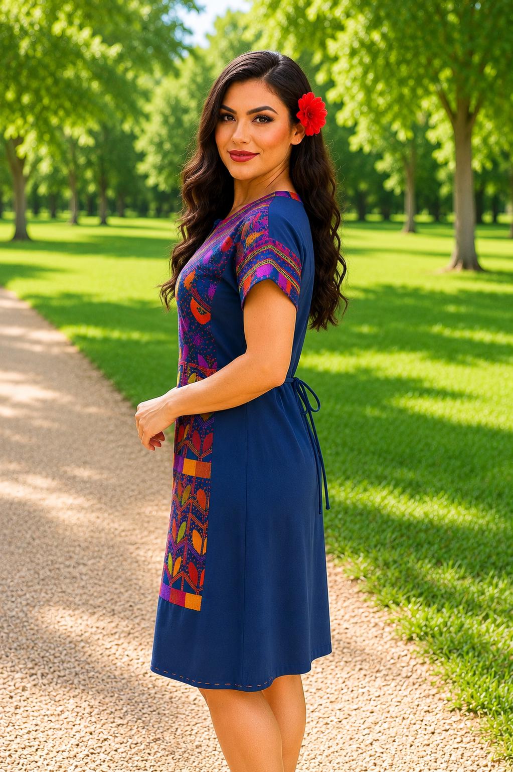 Image of Gorgeous Floral Hand Embroidered Dress - Mexican Embroidered Dress - SHORT SLEEVE - Floral Designs - M/L