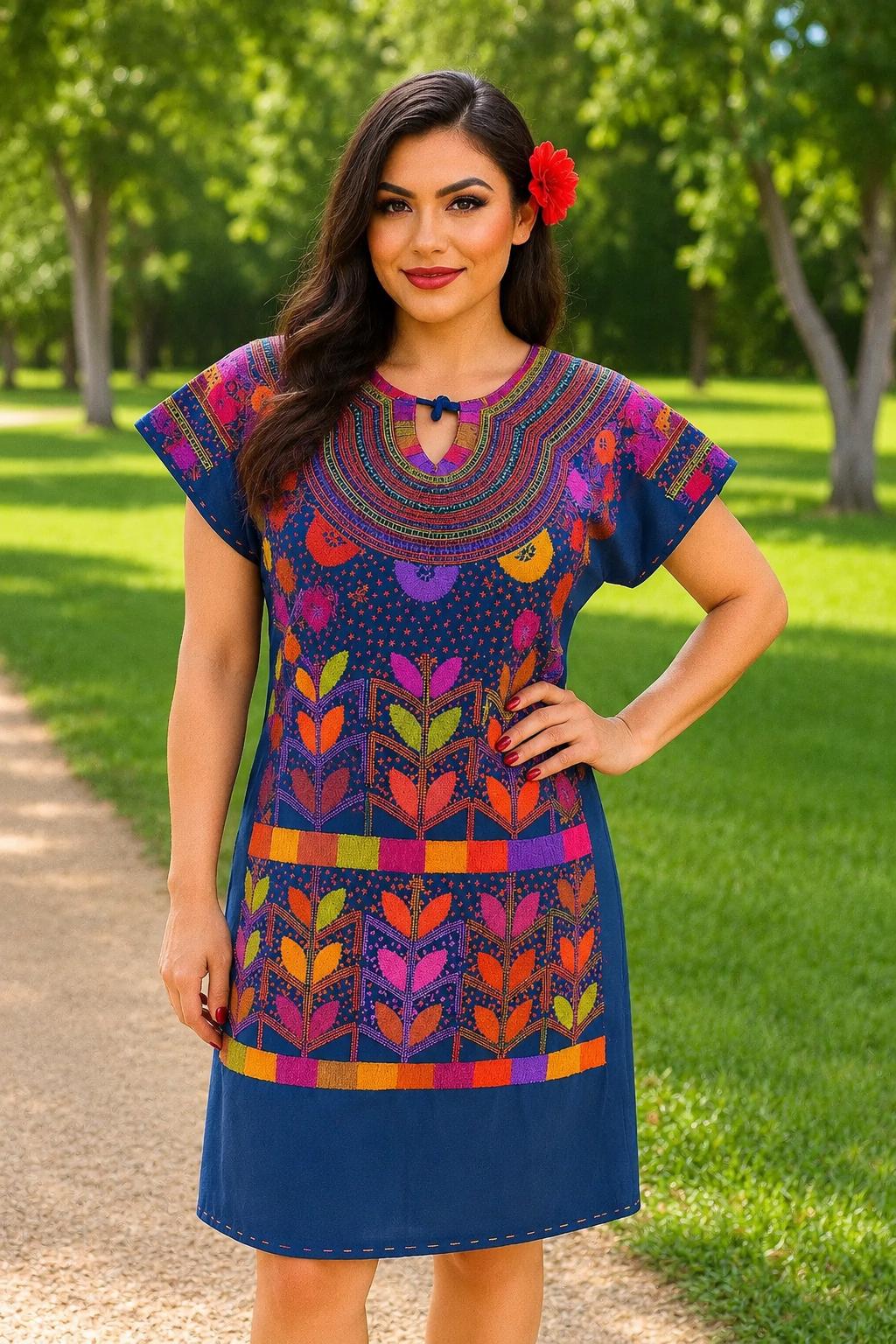 Image of Gorgeous Floral Hand Embroidered Dress - Mexican Embroidered Dress - SHORT SLEEVE - Floral Designs - M/L