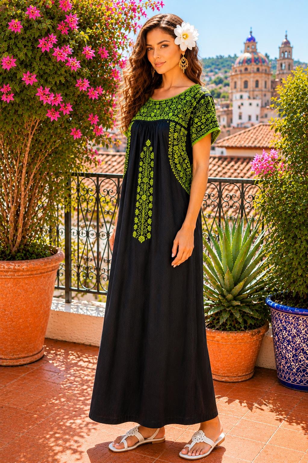 Image of Gorgeous Black SanTonino Dress with exquisite Lime Green Embroidery