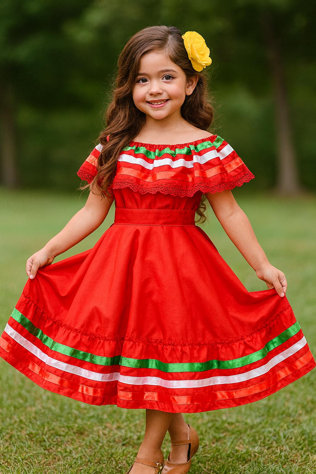 Image of May include: A red off-the-shoulder dress with white and green ribbon trim. The dress has a ruffled neckline and a matching belt. A yellow flower is in the hair. The dress is suitable for a festive occasion.