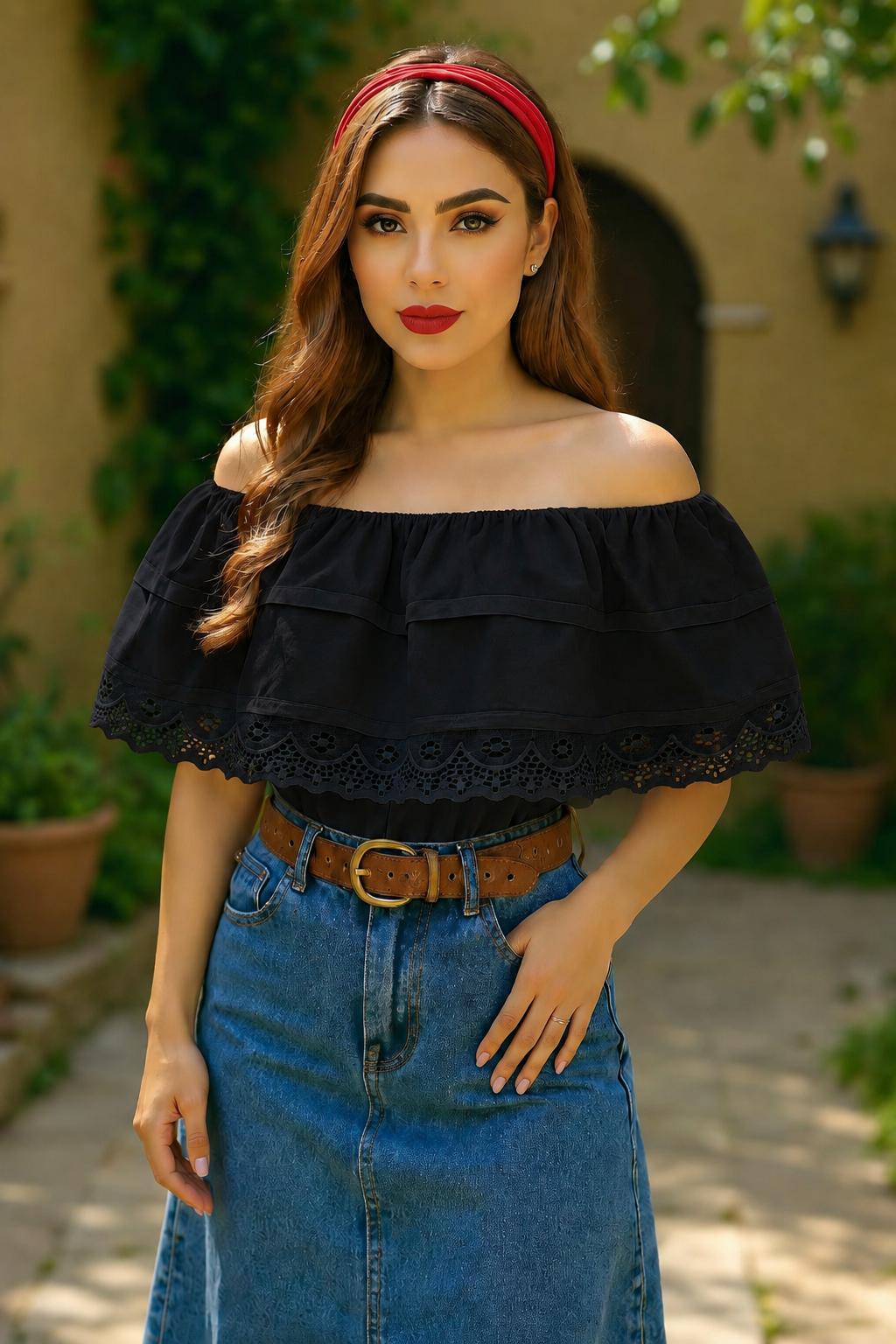 Image of Black Ruffled Peasant Blouse - Satin Ribbon and Lace Top - Choose the Your color