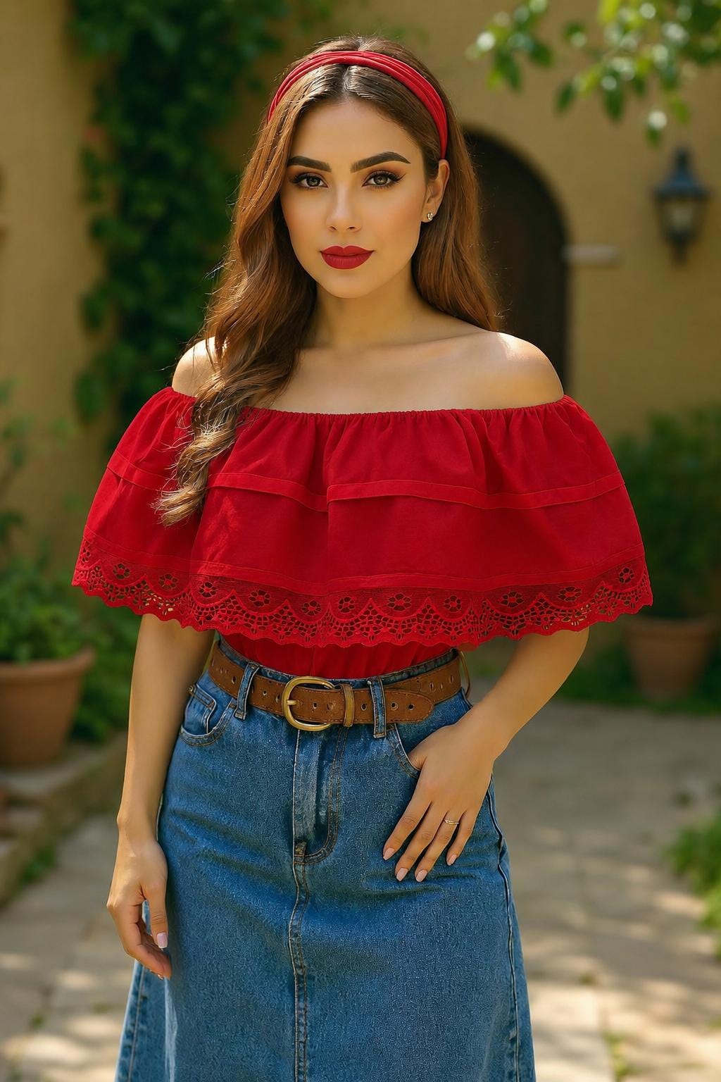 Image of Red Ruffled Peasant Blouse - Satin Ribbon and Lace Top - Beautiful Fiesta Blouse