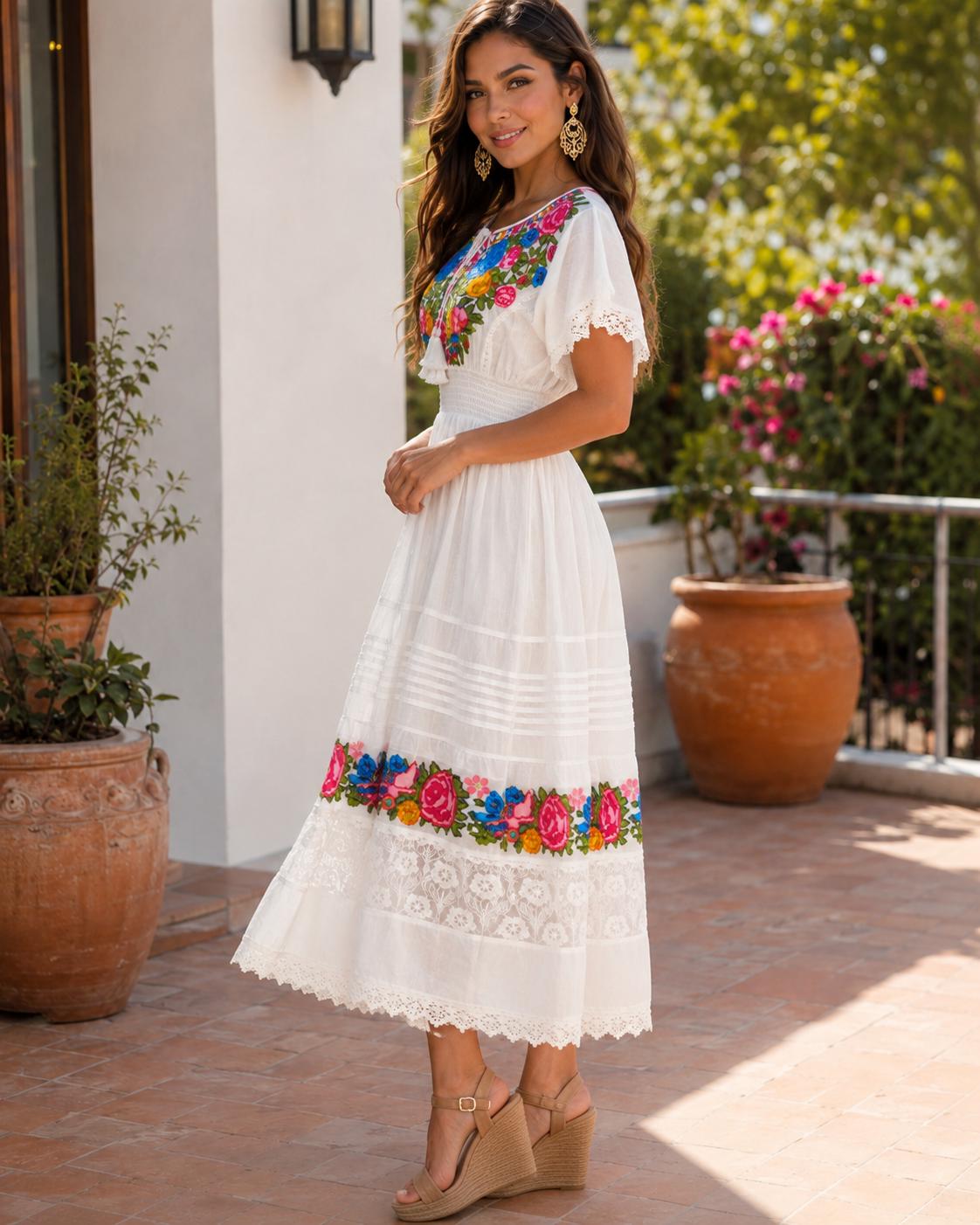Image of Mexican Hand-Embroidered Off-White Floral Maxi Dress – Artisan Cross-Stitch Boho Summer Dress