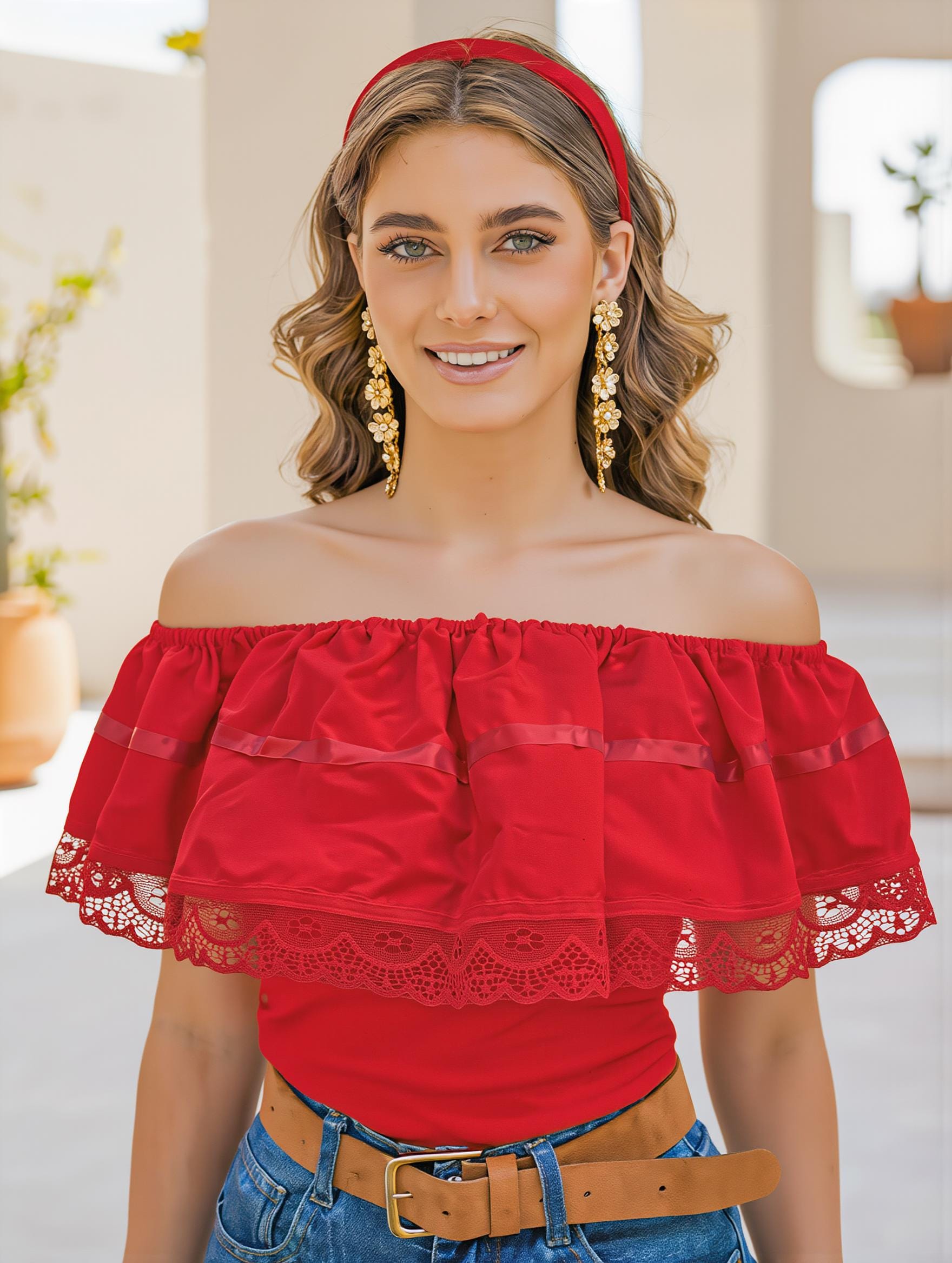 Image of Red Ruffled Peasant Blouse - Satin Ribbon and Lace Top - Beautiful Fiesta Blouse