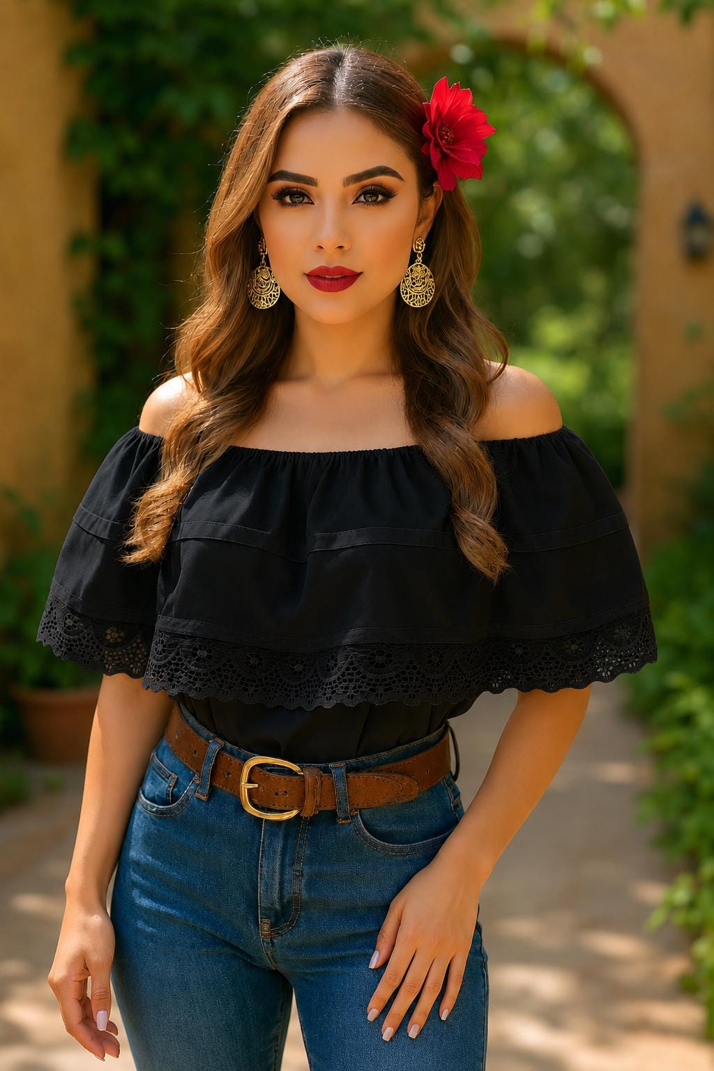 Image of May include: An off-the-shoulder black blouse featuring a ruffled neckline with intricate lace trim detailing. The blouse is paired with blue denim jeans and a brown leather belt with a gold-toned buckle. A red flower is tucked into the hair.