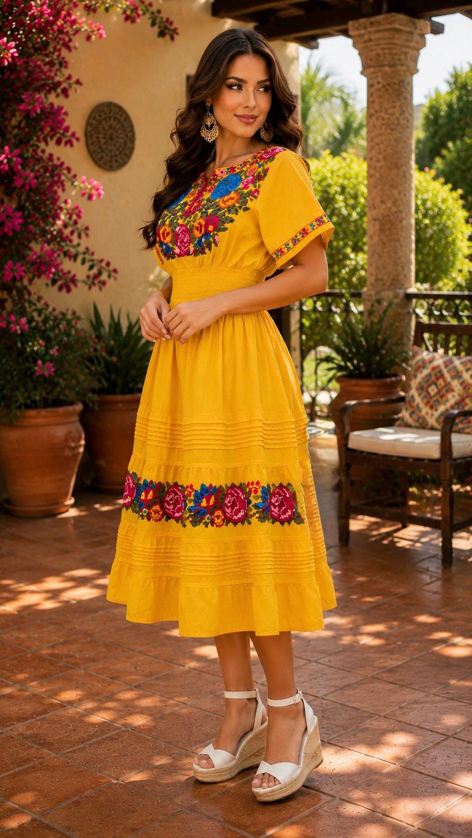 Image of Mexican Hand-Embroidered White Floral Maxi Dress – Artisan Cross-Stitch Boho Summer Dress