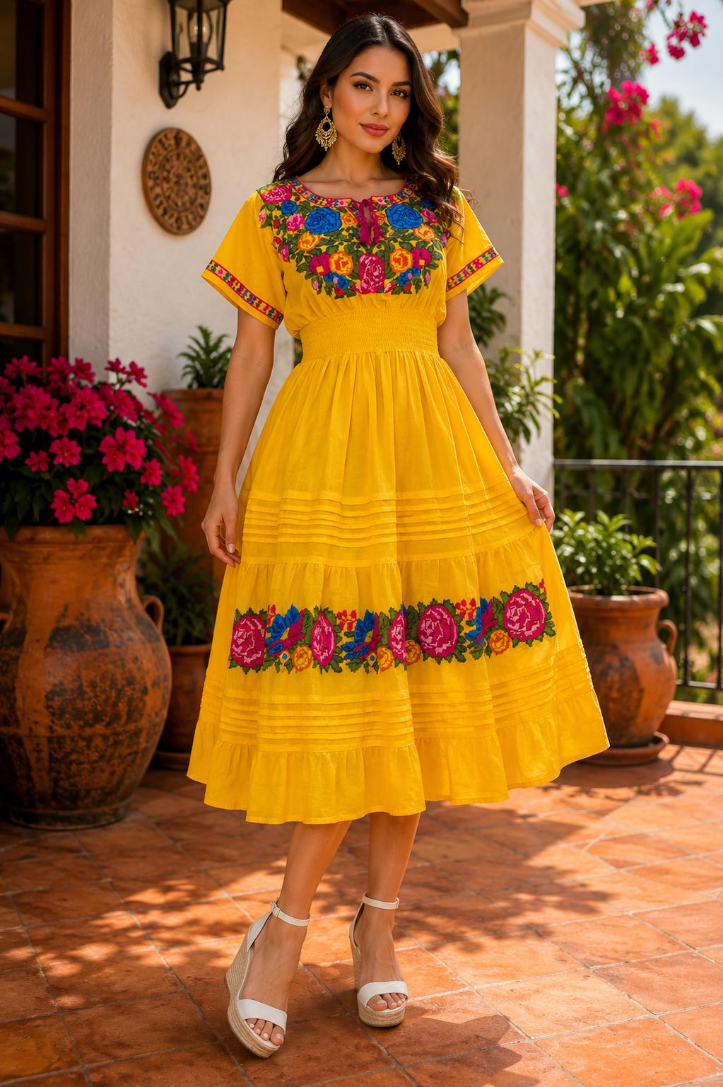 Image of Mexican Hand-Embroidered White Floral Maxi Dress – Artisan Cross-Stitch Boho Summer Dress