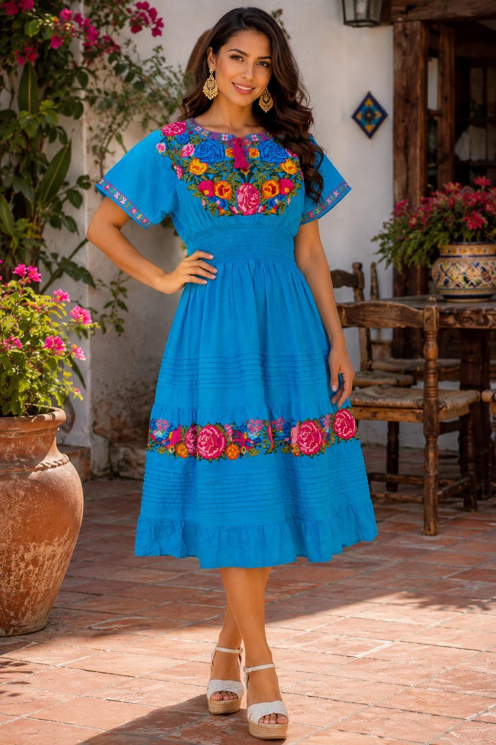 Image of Authentic Cross-Stitched Turquoise Mexican Dress – Vibrant Artisan Beauty - Gorgeous Summer Boho Dress