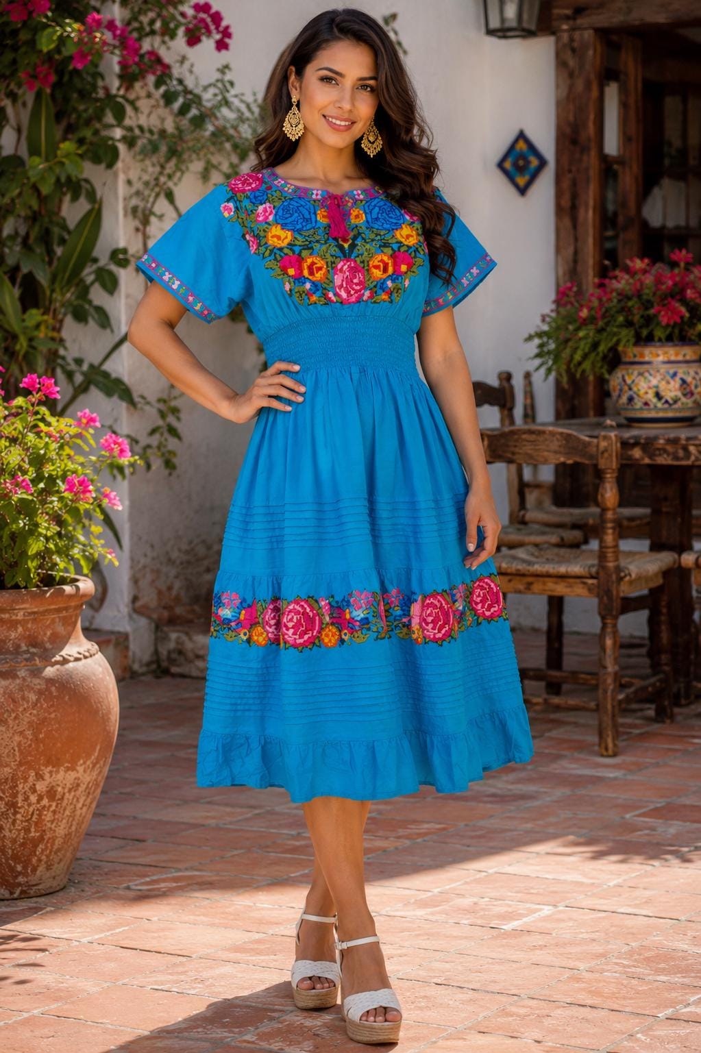 Image of Authentic Cross-Stitched Turquoise Mexican Dress – Vibrant Artisan Beauty - Gorgeous Summer Boho Dress