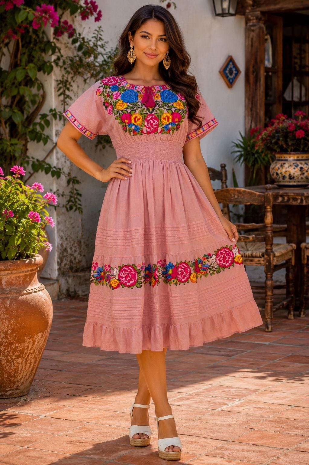 Image of Hand-Embroidered Mexican Dress | Old Rose Floral Boho Summer Style