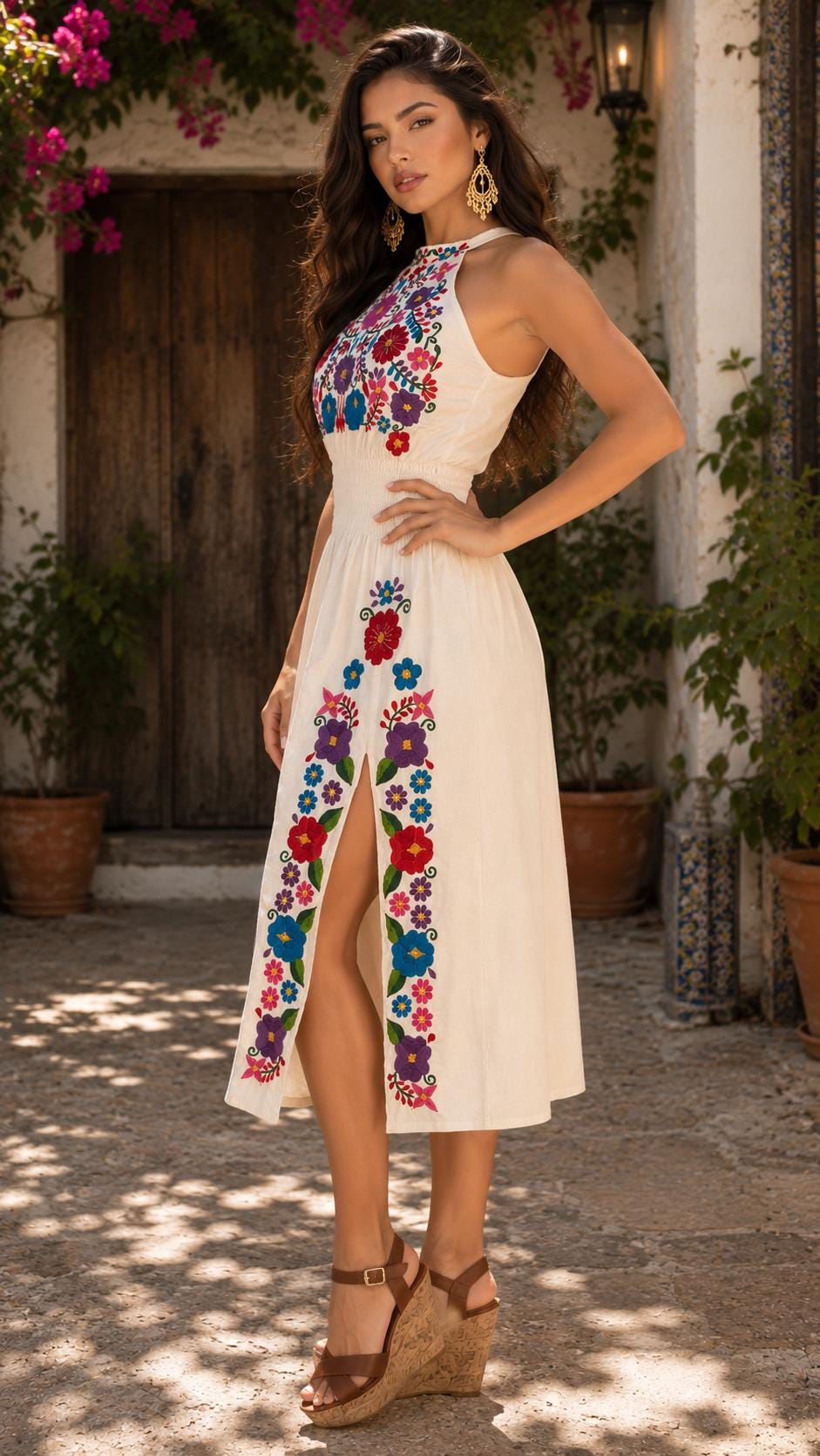 Image of Maggie-Beige – Authentic Embroidered Puebla Dress | Sleeveless Mexican Artisan Muslin Dress | Perfect for a Cocktail party